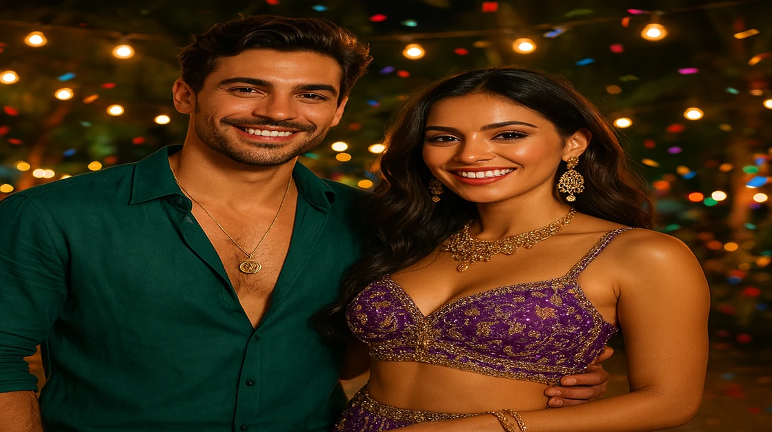 রঙিন কার্নিভাল পোশাক পরা এক সুখী ও আকর্ষণীয় দম্পতি একটি উজ্জ্বল খোলা উৎসবে উদযাপন করছেন; kiriya-তে একসঙ্গে খেলার মজা, সামাজিকতা ও উত্তেজনাপূর্ণ পরিবেশটি তাদের মধ্যে জাগিয়ে তোলে।