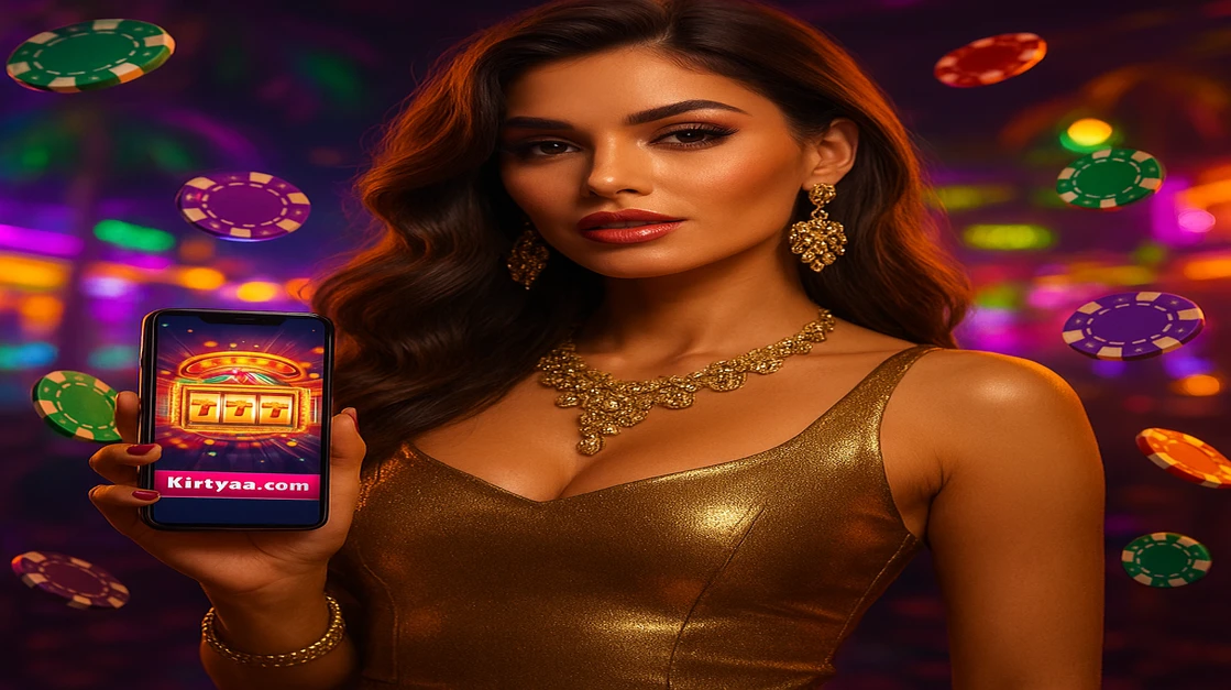 একজন মোহনীয় নারী ট্রপিক্যাল গেমিং প্ল্যাটফর্ম-পরিবেশে kiriya অ্যাপসহ একটি স্মার্টফোন ধরে আছেন; চারপাশি স্বর্ণালি রঙের কয়েন পড়ে যাচ্ছে, আধুনিক ও উত্তেজনাপূর্ণ গেমিং প্ল্যাটফর্মকে তুলে ধরছে।